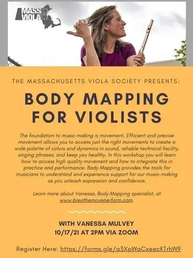 A poster for the massachusetts viola society 's body mapping workshop.